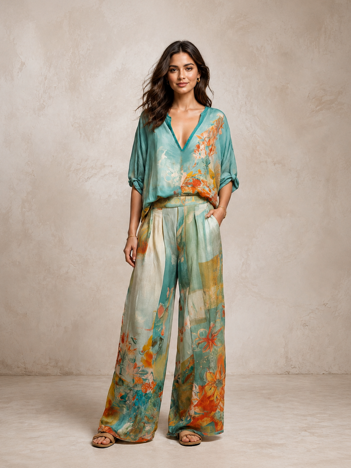 Women’s Teal Bohemian Slub Linen V Neck Three-Quarter Sleeve Wide Leg Pants Set with Floral Print