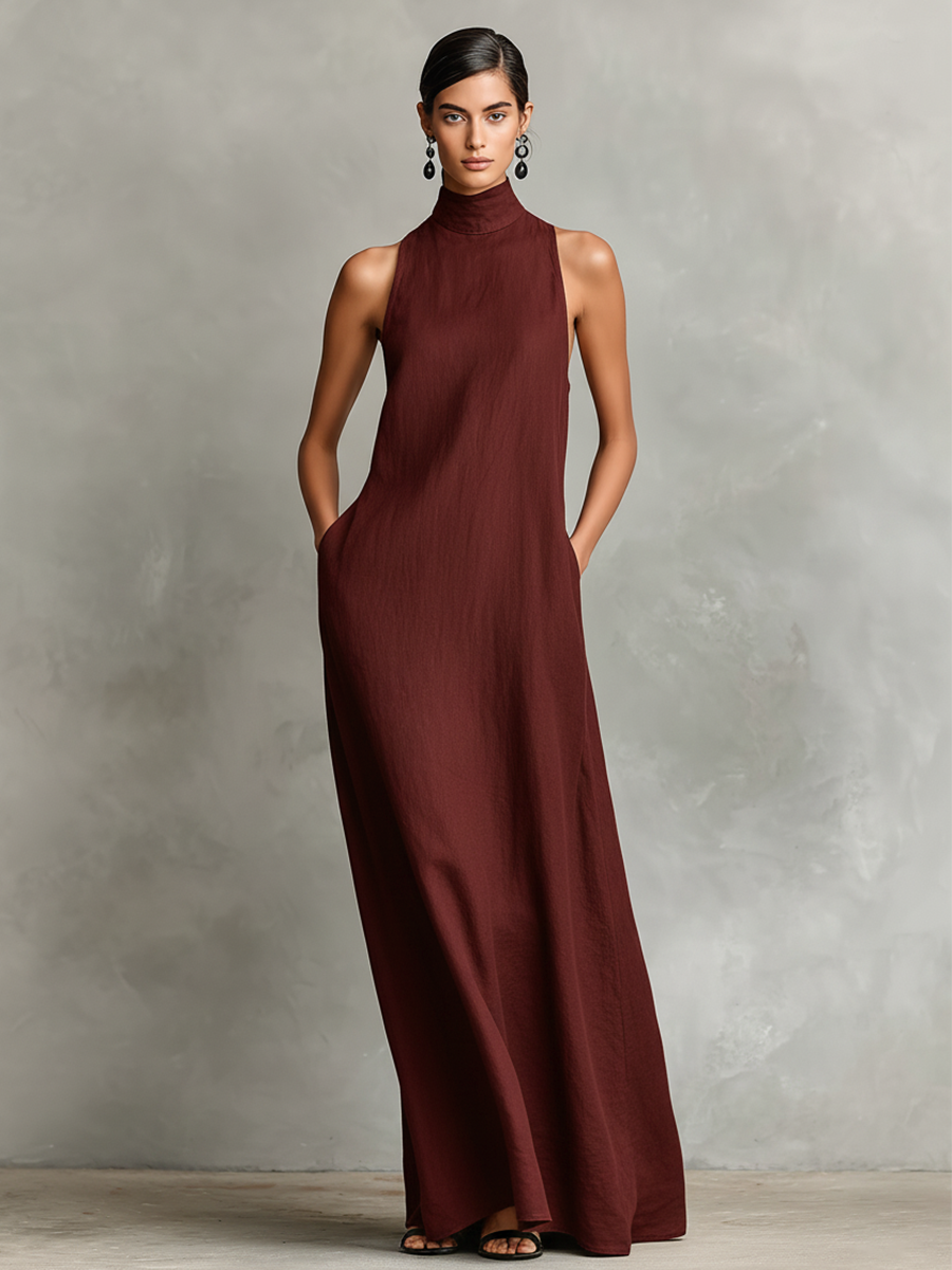 Women’s Black Burgundy and Blue Minimalist Linen-Blend High-Neck Sleeveless Relaxed Maxi Daily Dress