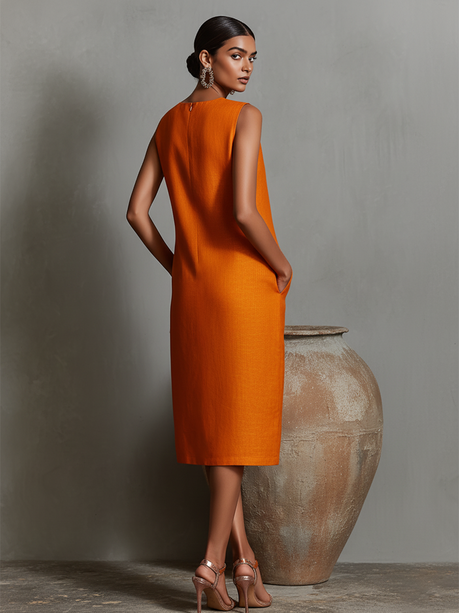 Women’s Orange Red and Blue Minimalist Linen Round-Neck Sleeveless Relaxed Midi Daily Dress