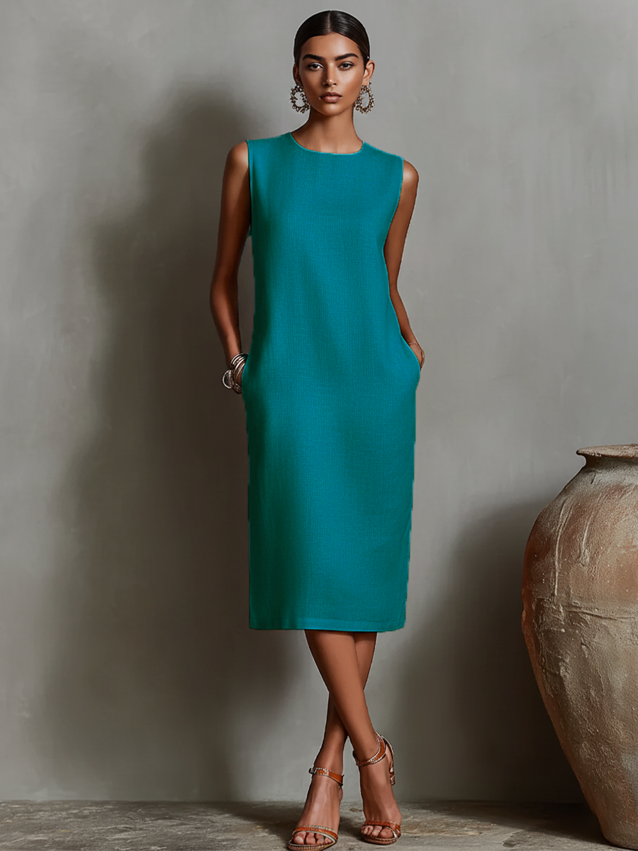 Women’s Orange Red and Blue Minimalist Linen Round-Neck Sleeveless Relaxed Midi Daily Dress